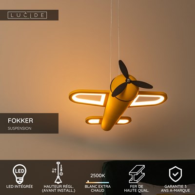 Lucide FOKKER - Suspension Chambres d'enfant - LED - 1x28W 2500K - Jaune